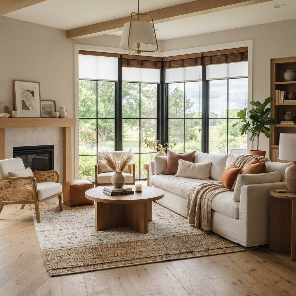 Sunlit living room with custom wood blinds and roller shades
