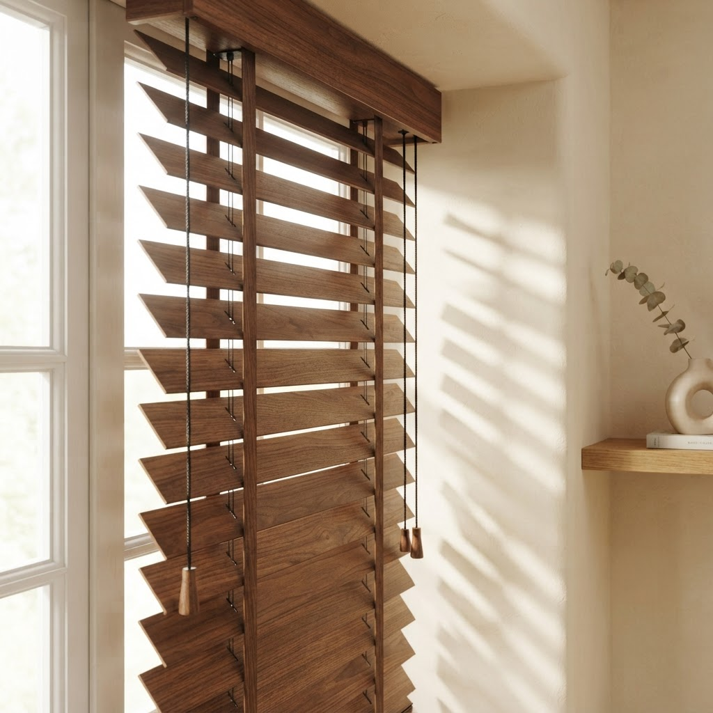 Warm walnut wood blinds with sunlight through the slats