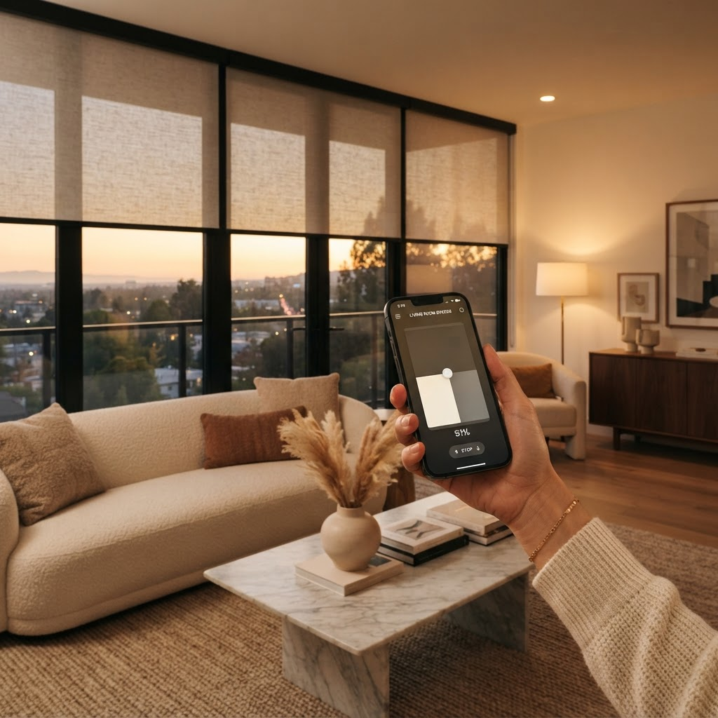 Smartphone controlling motorized roller shades in a living room